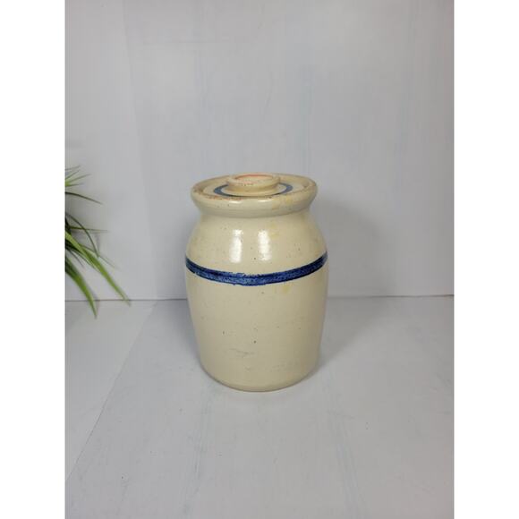 Small Vintage Butter Churn Crock and Lid, Blue Stripe 6-1/2", Farmhouse Kitchen - Picture 1 of 5
